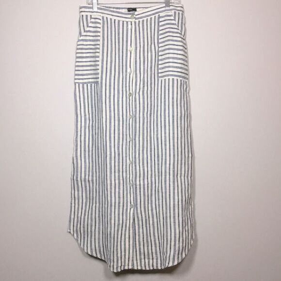100% linen maxi skirt pockets elasticated waist blue stripe beachy coastal Sz L - Picture 1 of 7